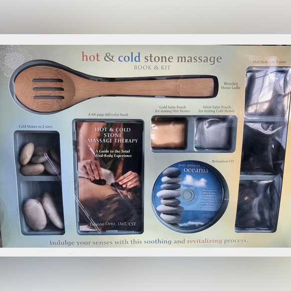 NIB Hot & Cold stone massage book and kit with CD, wooden Spoon, book and more - Picture 2 of 16